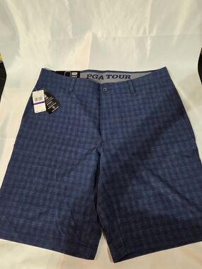 PGA TOUR Men's Navy Plaid Performance Golf Shorts